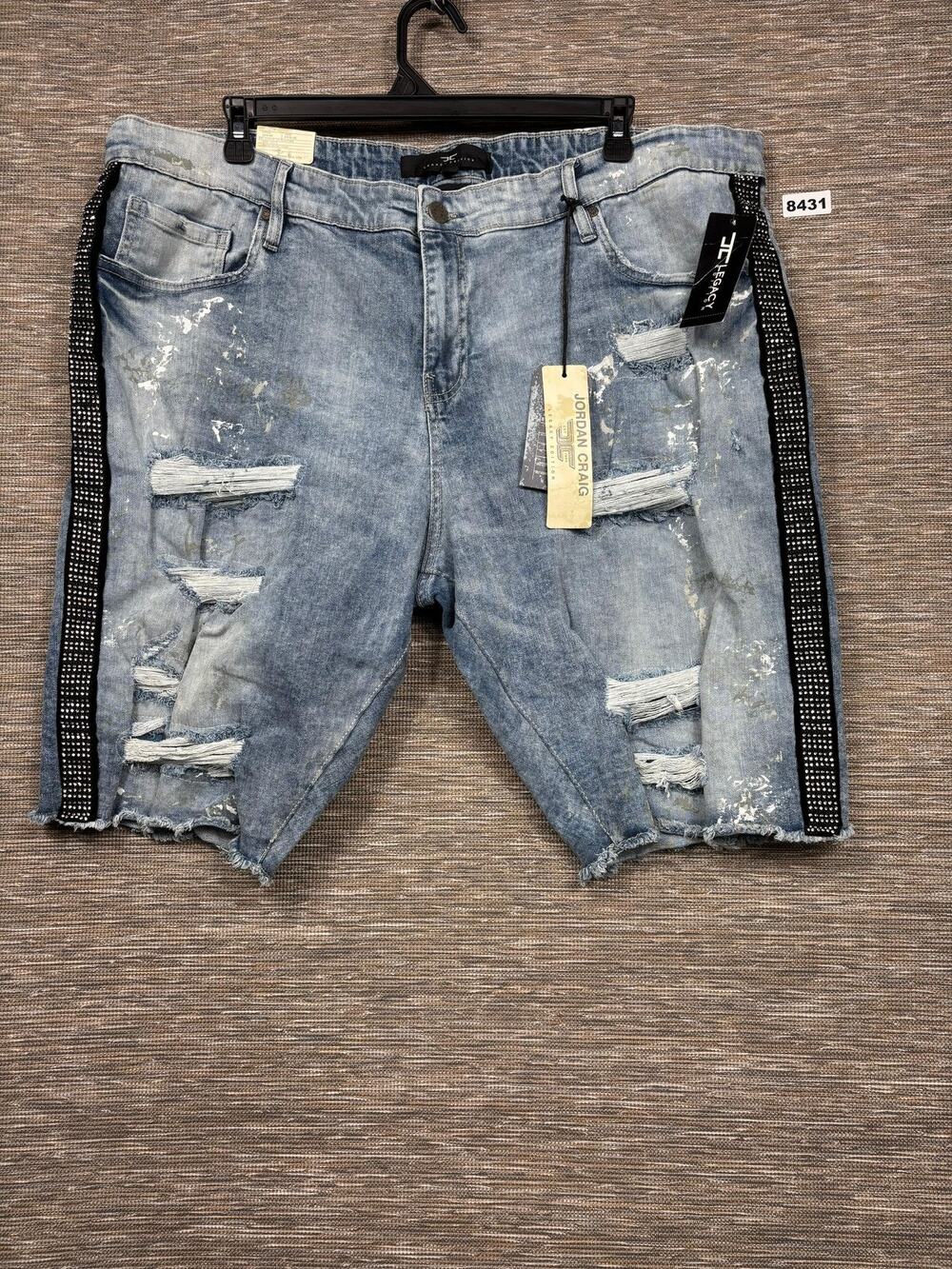 Jordan Craig Shorts Mens 44 Blue Denim Bermuda Distressed Rhinestone Side Tape
